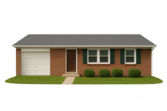Ranch house front view with brick facade, garage, entryway, green lawn, transparent background