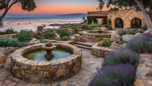Stone fountains and building adorn a garden at sunset by the ocean. - Powered by Adobe