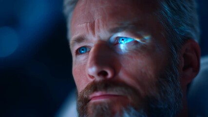 Blond man watches futuristic holographic brain scan data projection on his face, indicating neural interface technology footage. - Powered by Adobe
