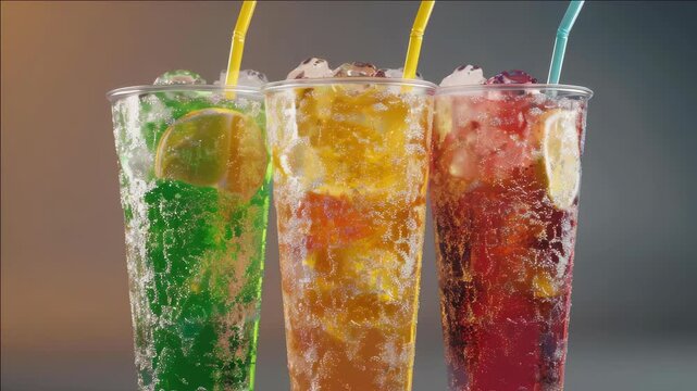 A collection of vibrant, effervescent drinks with frozen fruit chunks floating on top, presented in a row on a white surface. Each cup showcases unique colors and textures.