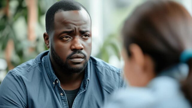 In this triptych , a man with a serious expression is seen engaged in what appears to be an intense conversation with two women, each depicted in separate frames.