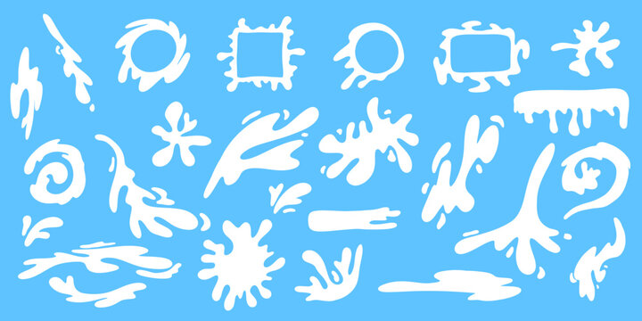 Cartoon milk splash set with white liquid drops, splatters, and blots in various shapes. Perfect for yoghurt, milkshake, and dairy product logo or packaging design. Vector illustration.
