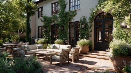 Obraz premium Charming outdoor patio with comfortable seating, lush greenery, and elegant French doors creating a tranquil retreat in natural sunlight