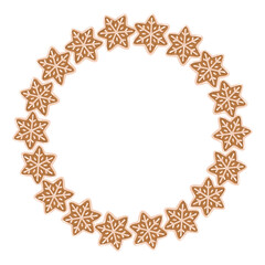 Round frame with gingerbread star cookies in winter style. Cartoon Vector isolated illustration on white background. 