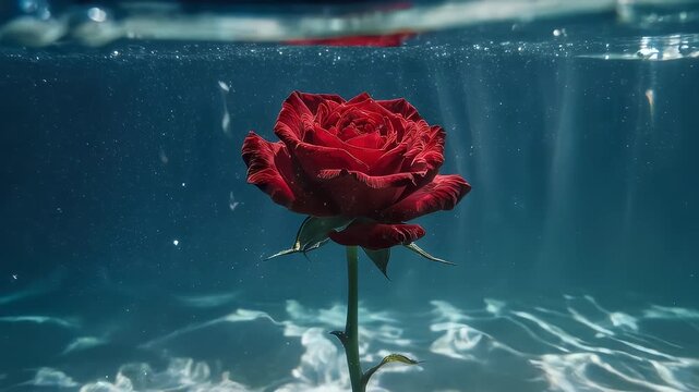 A vibrant red rose blooms underwater, its stem reaching up. Light dances on the water's surface
