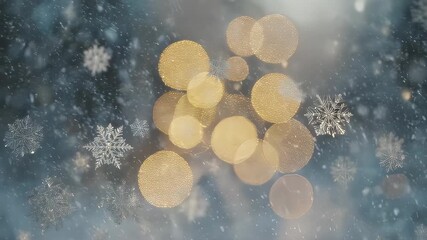 Winter scene of falling snowflakes and golden bokeh lights against a dark blue backdrop - Powered by Adobe
