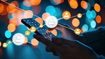 Smartphone Social Network: A hand delicately holds a smartphone, illuminating a network of connected profiles, representing digital interaction and social engagement in a modern environment. - Powered by Adobe