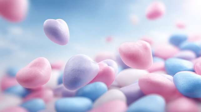 Colorful heart shaped candy floating in a soft blue background - Powered by Adobe