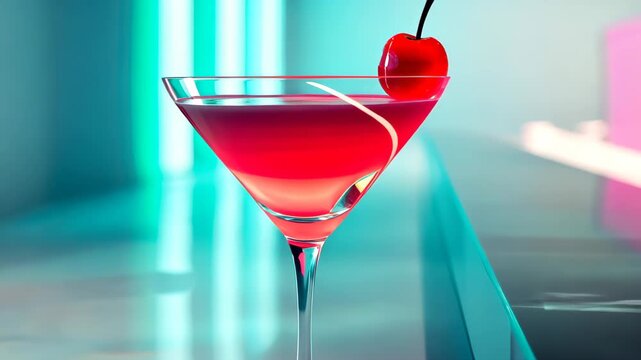 Artistic Martini: A refreshing cocktail, meticulously crafted and garnished with a vibrant cherry, stands as a symbol of sophistication and refined taste.