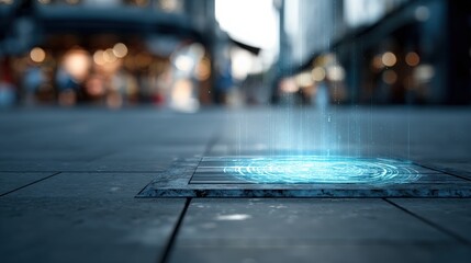 Futuristic holographic interface on urban street pavement