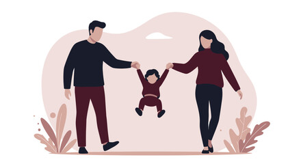 Obraz premium A heartwarming vector illustration depicts a loving family, parents holding hands with their child, creating a joyful scene of togetherness, perfect for various design projects and concepts.