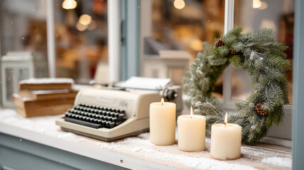 Cozy winter scene with vintage typewriter and festive wreath in store display