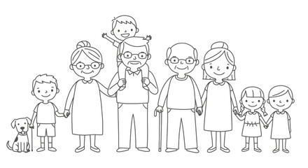 A cheerful multi-generational family, including grandparents, parents, children, and a pet dog, stands together in a simple black and white vector illustration.