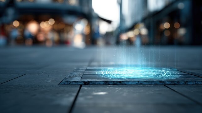 Futuristic holographic interface on urban street pavement - Powered by Adobe