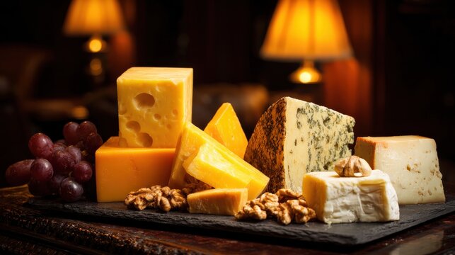 Artful arrangement of various cheeses with grapes and nuts on a slate board - Powered by Adobe