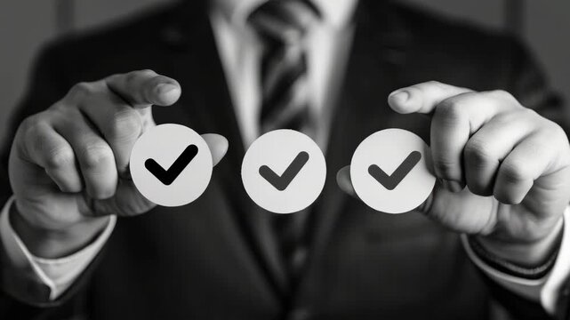A professional man in a suit and tie making decisions by pressing buttons that represent approval or disapproval with checkmarks.