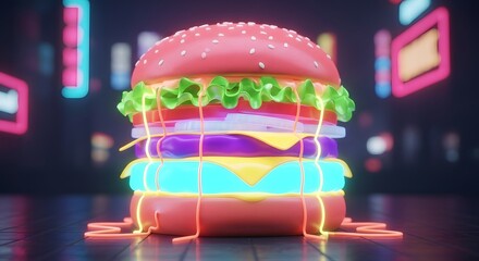A vibrant 3D rendering of a glowing surreal hamburger with colorful melting layers set against a futuristic neon city background at night