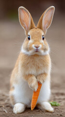 Fototapeta premium Cute rabbit standing upright holding carrot in paws on earthy background