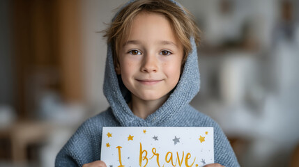 Young survivor smiling with empowering "i'm brave" poster