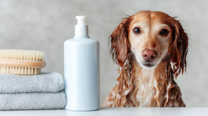 Pet grooming essentials: wet dog with soft lather and shampoo bottle