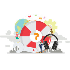 Illustration of A Red And White Lifebuoy With A Question Mark In The Center Surrounded By A Wrench Earth Globe And Headphones On A Transparent Background