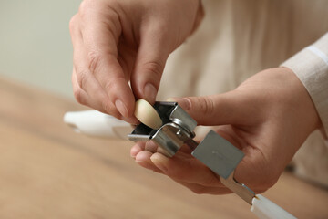 Fototapeta premium Woman crushing fresh garlic with press in kitchen