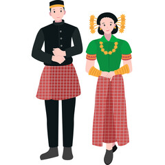Indonesian Couple in Traditional Attire with Red and Green Patterns Standing Against White Background Minimalist Style