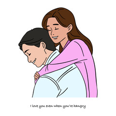 Hand-drawn Valentine’s Day poster card with cute and romantic couple with  sweet love quote below