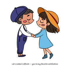 Hand-drawn Valentine’s Day poster card with cute and romantic couple with  sweet love quote below