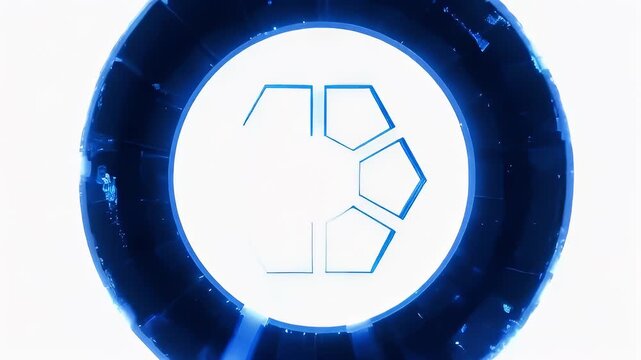 A glowing blue ring with a hexagonal design in the center, abstract, techy aesthetic