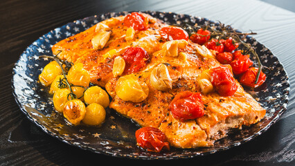 Beautifully baked salmon fillet with roasted garlic, caramelized yellow and red cherry tomatoes, and fresh herbs, served hot on a plate. A delicious and healthy gourmet meal.