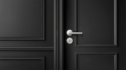 Obraz premium Elegant black door with modern handle and intricate paneling design, showcasing a minimalist aesthetic ideal for contemporary interior settings