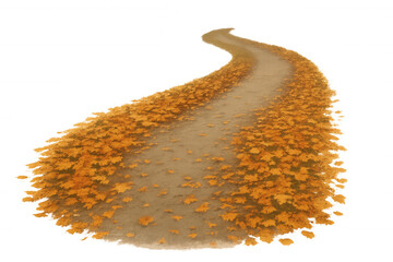 Dirt road winding through a landscape, covered with a thick carpet of vibrant orange autumn leaves, a symbol of seasonal change