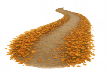 Dirt road winding through a landscape, covered with a thick carpet of vibrant orange autumn leaves, a symbol of seasonal change