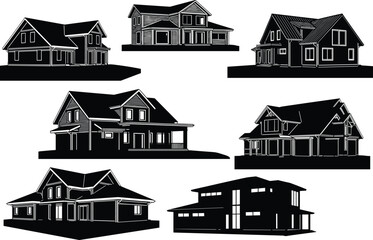 House silhouettes, residential architecture, home design, building styles, roof shapes, window placement, construction planning, real estate concept, vector illustration