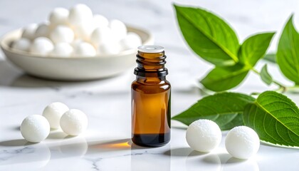 Frasco de vidrio ámbar con pastillas homeopáticas y hojas verdes sobre fondo de mármol