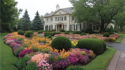 Obraz premium Beautifully Landscaped Garden with Vibrant Flowers and Neatly Trimmed Shrubs in Front of Elegant House on a Cloudy Day