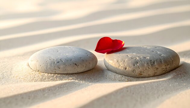 Piedras lisas sobre arena fina con p&eacute;talo rojo en composici&oacute;n zen minimalista