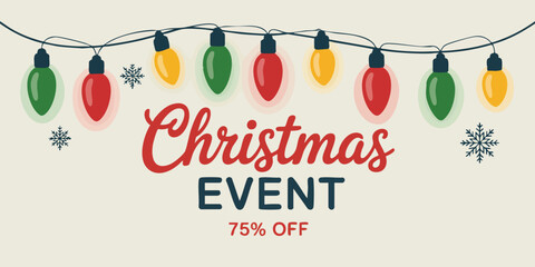 A holiday sale graphic with festive lights and snowflakes on a beige background