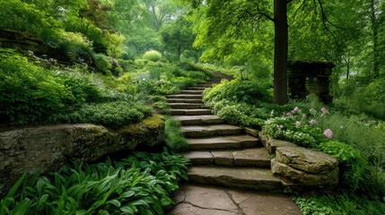 Tranquil Garden Pathway Surrounded by Lush Greenery and Vibrant Flora Inviting Nature Lovers to Explore in a Serene Outdoor Setting