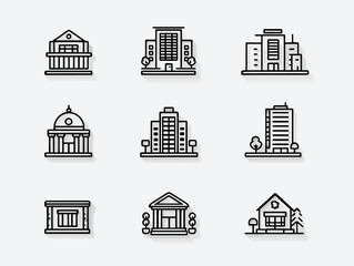 Minimalist Vector Building Icon Set with Modern Architectural Elements for Business and Real Estate Design