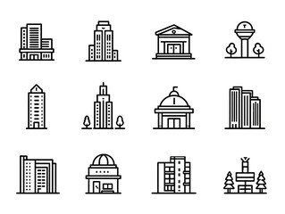 Vector Icon Set of City Buildings and Landmarks Minimalist Line Style in Black and White