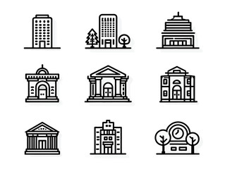 Vector Icon Set of Building Structures in Modern Minimalist Style Featuring Skyscrapers Historic Landmarks and Parks in Black and White