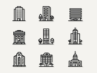 Vector Icon Set of Modern City Buildings Urban Skyscrapers and Office Structures in Minimalist Line Style