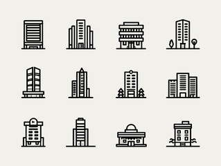 Vector Architecture Building Icon Set Minimalist Modern Line Art for Urban Design and Real Estate Branding