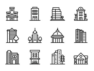 Vector Building Icon Set Modern Line Art Collection of Skyscrapers and Architectural Structures