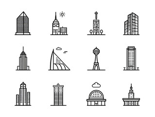 Minimalist City Skyline Vector Icons Set in Black Line Style for Urban Branding and Web Design