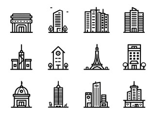 Minimalist Vector Cityscape Icon Set with Skyscrapers and Landmark Structures in Black Line Style
