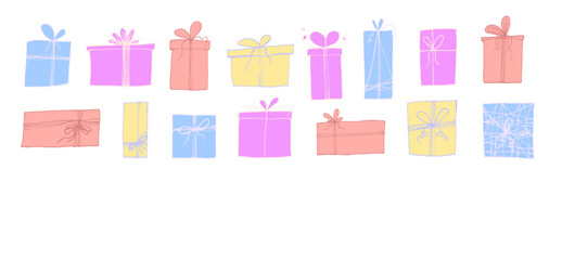 Colorful sketch hand drawn blue, pink, yellow, red vector gift boxes for Christmas and birthday decor. Textured squiggle drawing present gifts for print design, stickers, patterns, greeting card