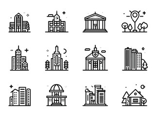 Vector City Building Icon Set Modern Minimalist Architectural Symbols for Urban Design and Commercial Applications